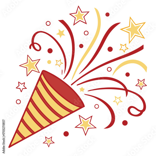 A festive party popper exploding with colorful confetti and stars.