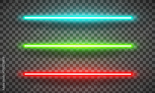 Realistic led neon tube light pack isolated on transparent background. Cyan, green and red light. Vector illustration