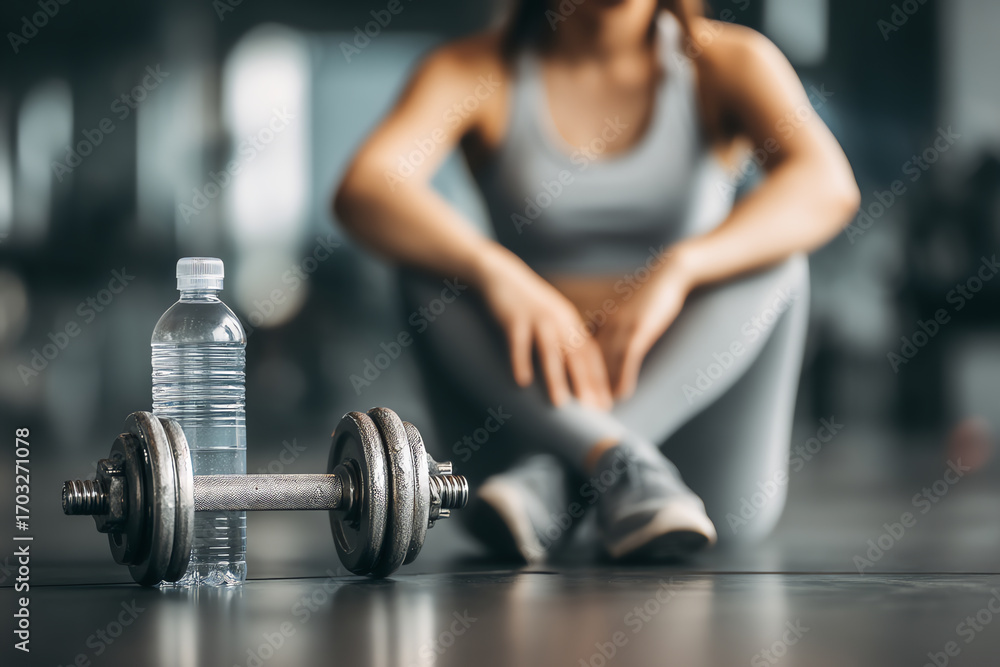 Naklejka premium A person in workout attire sits blurred in the background, with a dumbbell and water bottle in sharp focus on the gym floor in the foreground