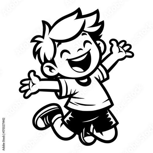 Happy cartoon child jumping with joy black and white vector icon 