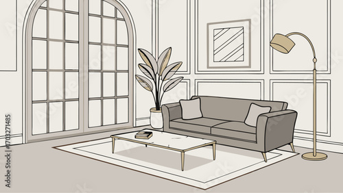 Elegant living room interior with sofa and coffee table.