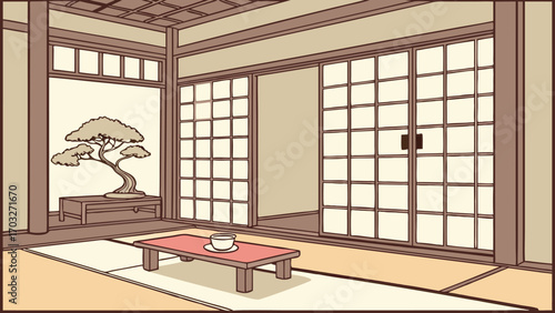 Traditional Japanese Room Interior with Shoji Doors and Tatami.