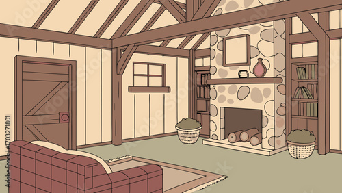 Cozy living room with fireplace and sofa.