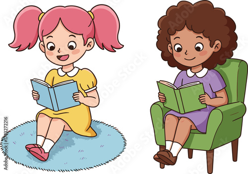 Cartoon girls reading books while sitting on chair and carpet, indoor education illustration, learning activity, 