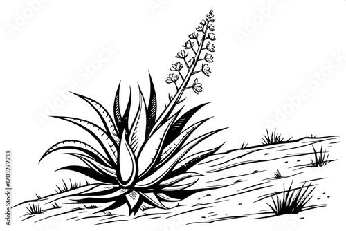 “Ink sketch of agave with creative shading patterns, layered over abstract brushstroke textures, elegant botanical artwork.”