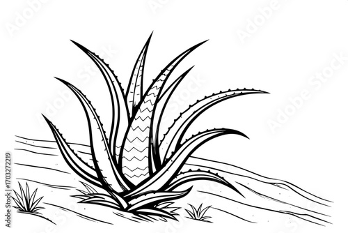 “Ink sketch of agave with creative shading patterns, layered over abstract brushstroke textures, elegant botanical artwork.”