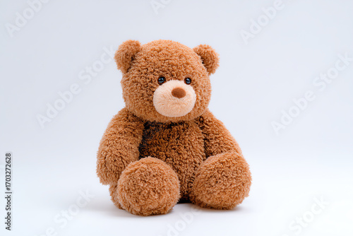 A soft, brown teddy bear with a round face, black eyes, and a light brown snout sits against a plain white background, evoking warmth and childhood comfort
