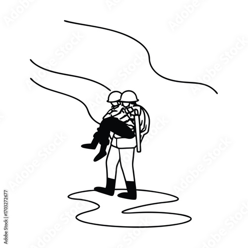 Black Silhouette Vector of Soldier Carrying Wounded