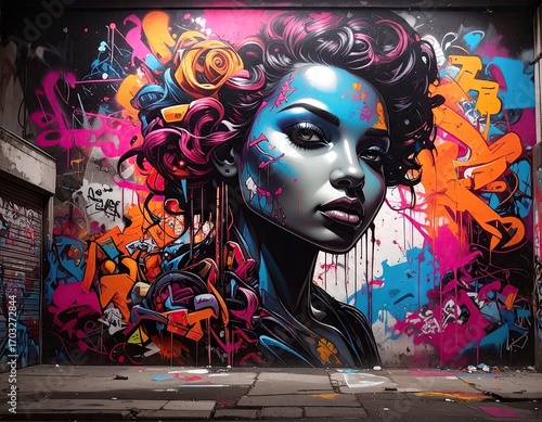 Vibrant Mural of a Woman with Floral Headpiece