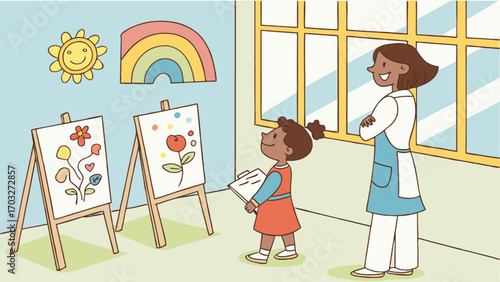 Young girl proudly shows her artwork to her teacher in an art class.