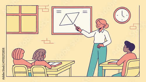 Teacher instructing students in a classroom setting about geometry.