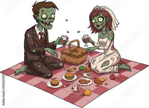 Zombie Bride and Groom Picnic Cartoon Illustration – Undead Couple Drinking Wine and Eating Rotten Food on Checkered BlanketZombie Bride and Groom Picnic Cartoon Illustration 