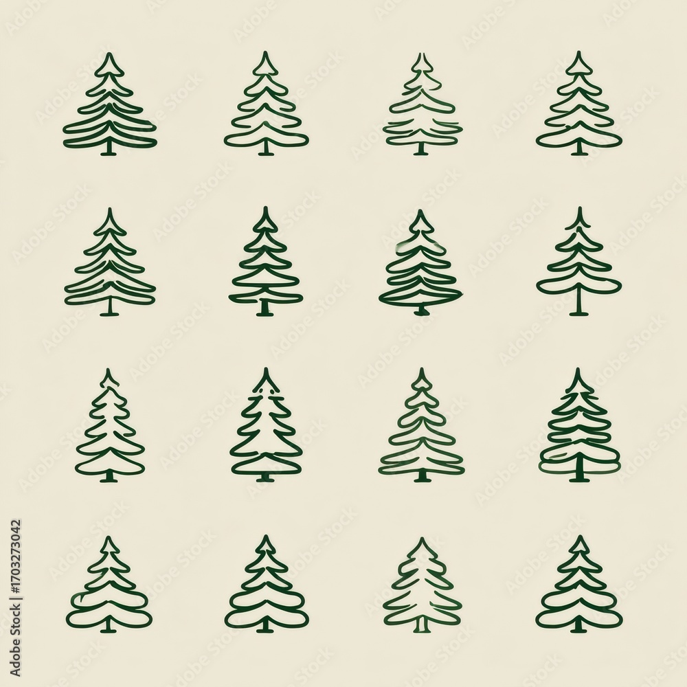 Obraz premium Collection of Simple Green Christmas Trees With Different Shapes Arranged on an Off-White Background Showing Holiday Spirit