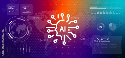 high-tech digital dashboard world map with AI icon featuring a circuit patterned head illustration symbolizes artificial intelligence machine learning and advanced global technology systems