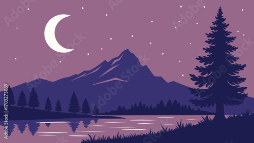 Silhouette of a tall pine tree against a starry night sky with a crescent moon.