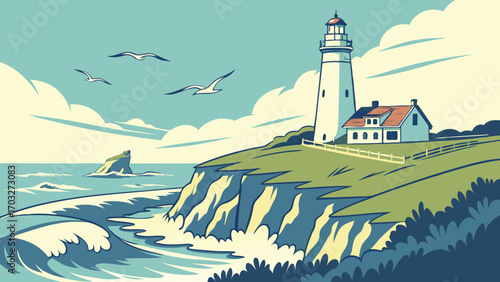 Coastal Lighthouse and Dwelling on a Grassy Cliff Overlooking the Sea.