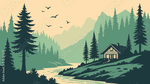 Rustic wooden cabin nestled in a tranquil mountain forest landscape.
