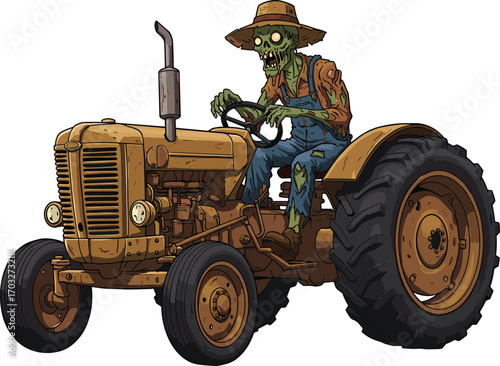 Zombie Farmer Driving Old Vintage Tractor Wearing Straw Hat and Overalls Cartoon Illustration with Tattered Clothes and Green Skin