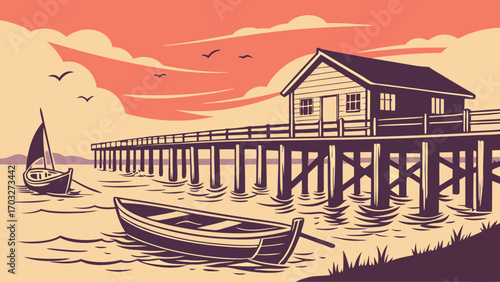 Wooden pier with boats and a small house on the water.