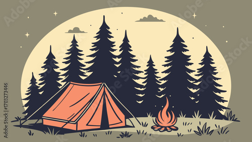 Camping tent and campfire in a forest setting.