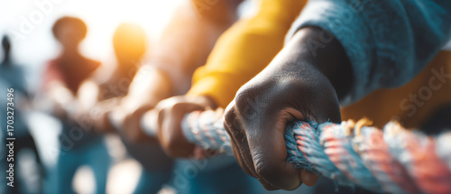 Wallpaper Mural Close-up of diverse hands gripping a rope in a team tug-of-war, symbolizing unity, strength, and collaboration during an outdoor group activity Torontodigital.ca