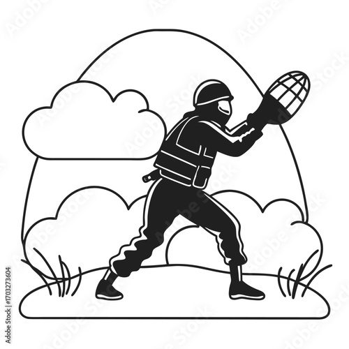 Black Silhouette Vector of Soldier Tossing Grenade