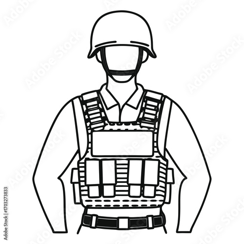 Black Silhouette Vector of Soldier with Combat Vest