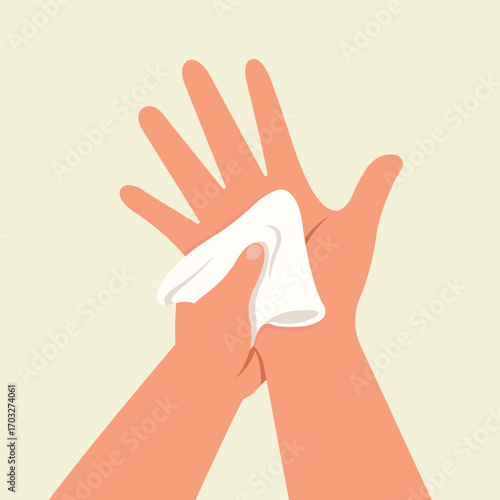 Vector illustration of Wipe your hands with a cloth. Cleaning your hand concept. 