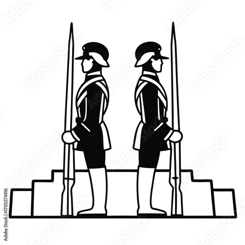 Black Silhouette Vector of Two Soldiers Standing
