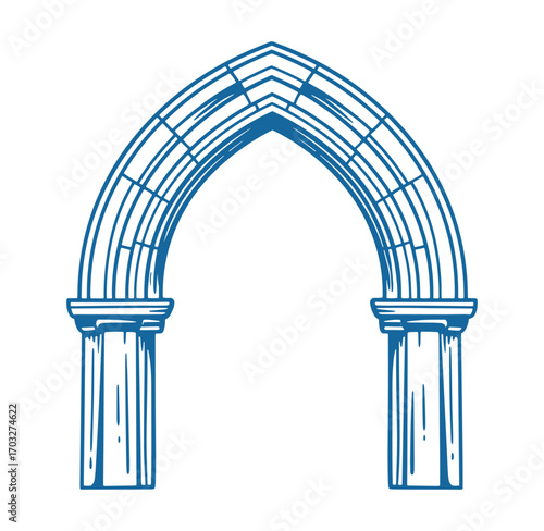 Architectural archway illustration featuring two columns and detailed line art in a blue color