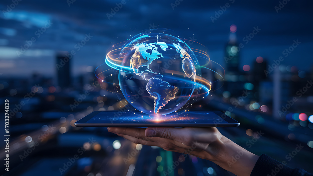Fototapeta premium Global digital transformation on a tablet, showcasing connectivity and modern technology solutions now