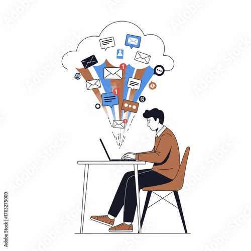 Man working on laptop with emails and notifications coming out of cloud