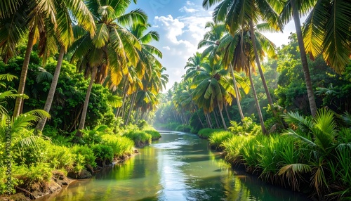 Tranquil river bends beneath lush palms. Sunbeams filter through a dense, tropical canopy