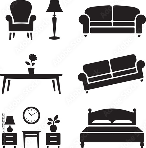 Collection of black furniture, clock, and plant icons on white background armchair lamp