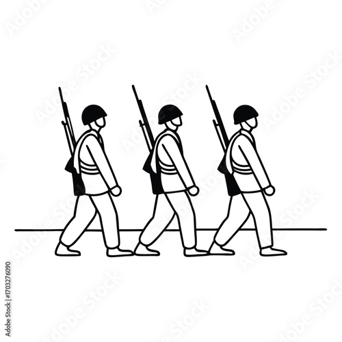 Flat Vector of Squad of Three Soldiers Marching