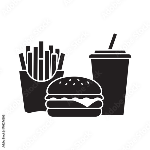 Fast food meal icon with burger, fries and soda. Junk food silhouette vector illustration.
