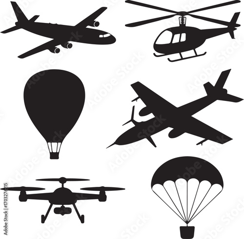 Silhouette collection of aircraft hot air balloon and drone Keywords: airplane, aircraft