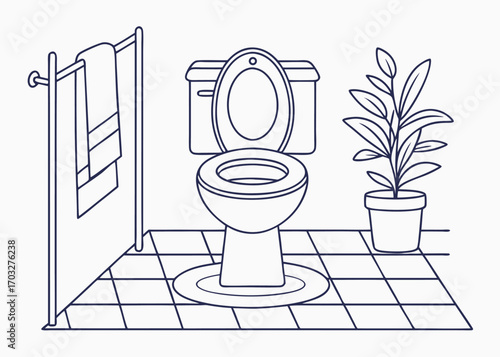 Vector art of a simple line drawing of a toilet with a towel rack and a potted plant in a tiled bathroom