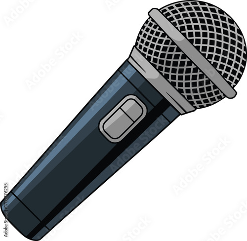 Black and silver dynamic microphone with on off switch on white background audio sound