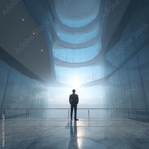 Contemplative figure in futuristic architecture, introspective business vision