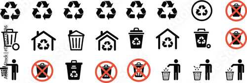 Collection of recycling and waste disposal icons with trash cans and no littering symbols vector illustration