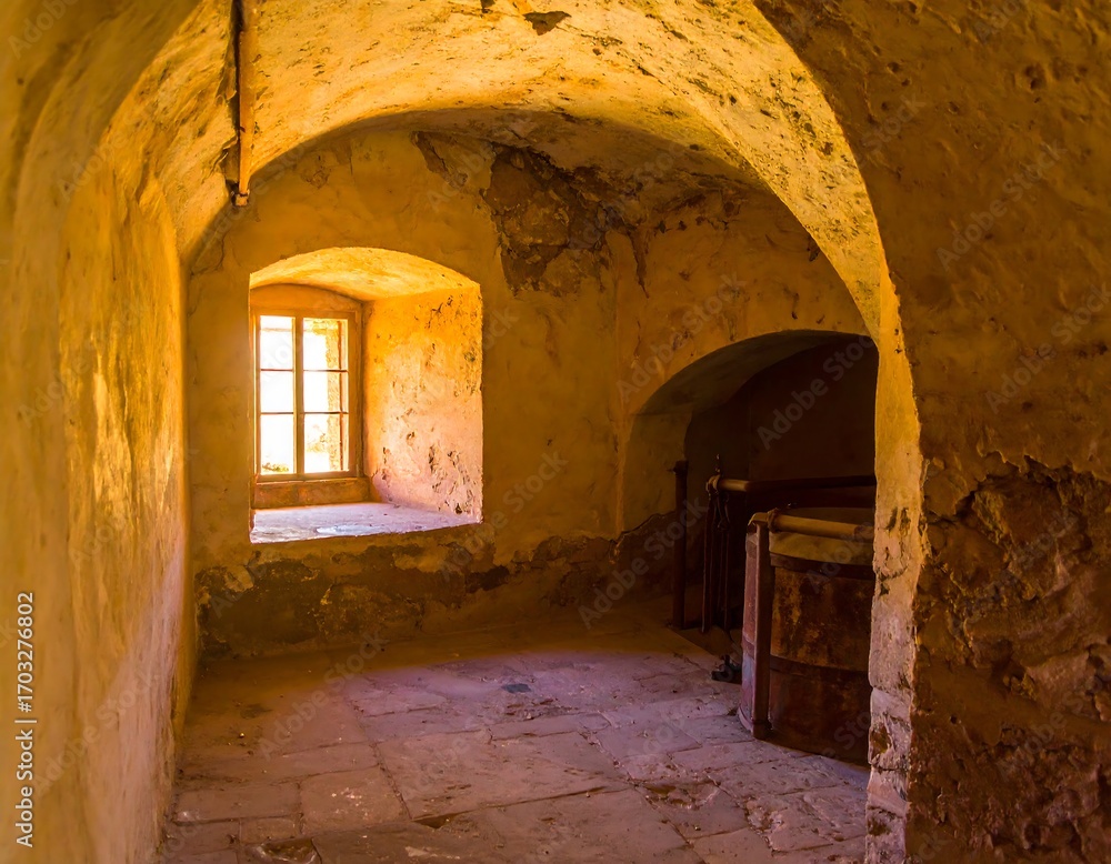 Obraz premium Sunlit interior room, ancient stone walls, arched ceilings, and a small window