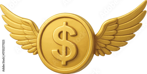 winged golden dollar coin isolated on white