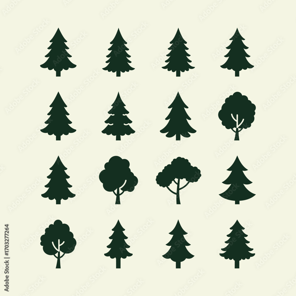 Obraz premium Evergreen Tree Silhouettes Set, Conifer Vector Icons
