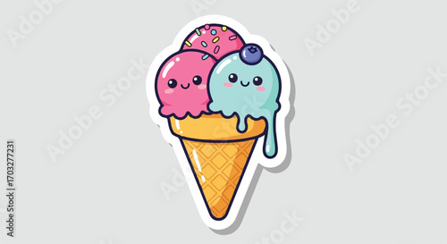 Cute cartoon ice cream cone with three scoops of colorful ice cream and a blueberry topping, perfect for summer treats and cheerful designs
