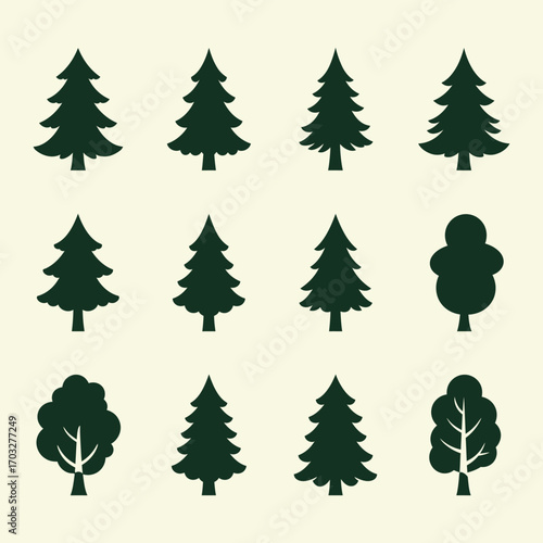 Evergreen Tree Silhouettes Set, Conifer Vector Icons