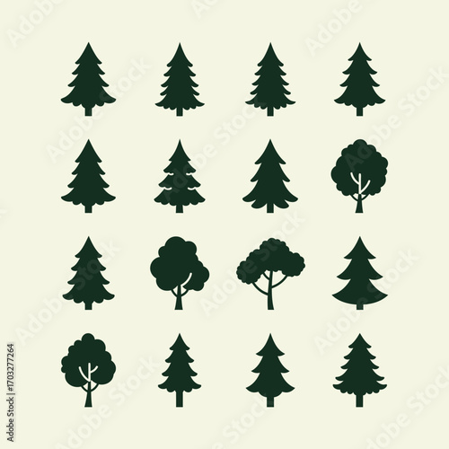 Evergreen Tree Silhouettes Set, Conifer Vector Icons