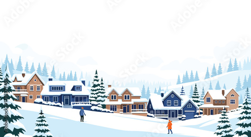 Charming snowy village nestled among pine forest hills under a bright winter sky