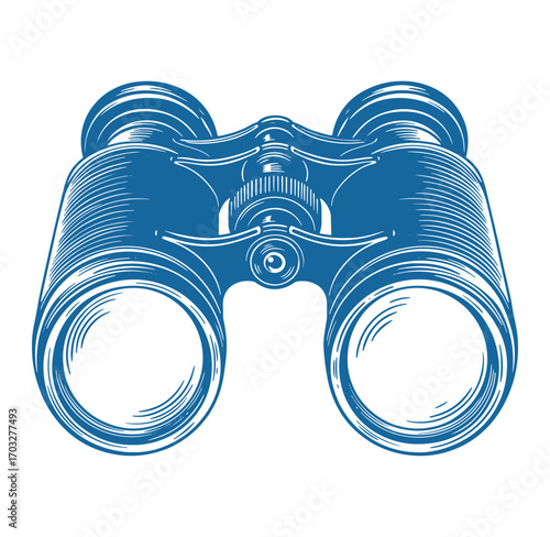 Detailed blue and white line art illustration of classic binoculars on a white background