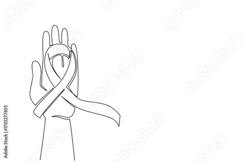 Single one line drawing blue ribbon campaign on palm. Charity drive raises awareness of rare diseases. Take precautions. National Tuberous Sclerosis Day. Continuous line design graphic illustration